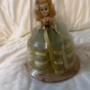 1950's A & H 6.5" Blonde Hair Doll-Green Lace Dress in 9" Clear Plastic Dome